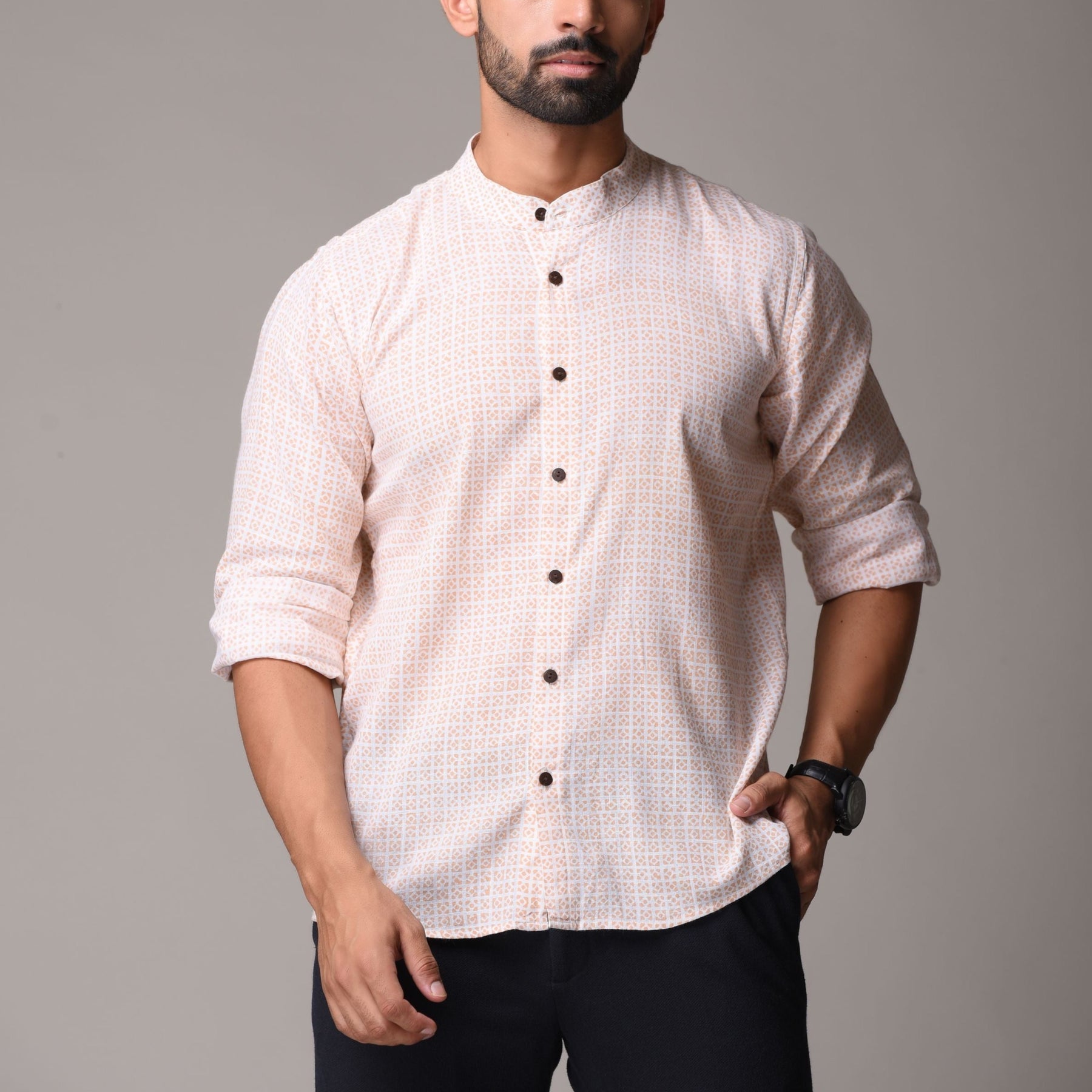 Beige Cotton Handblock Printed Shirt - Single Print