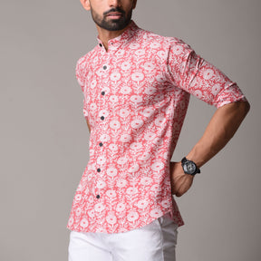 Red Cotton Handblock Printed Shirt - Gudh Rekh Design