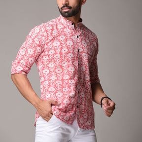 Red Cotton Handblock Printed Shirt - Gudh Rekh Design