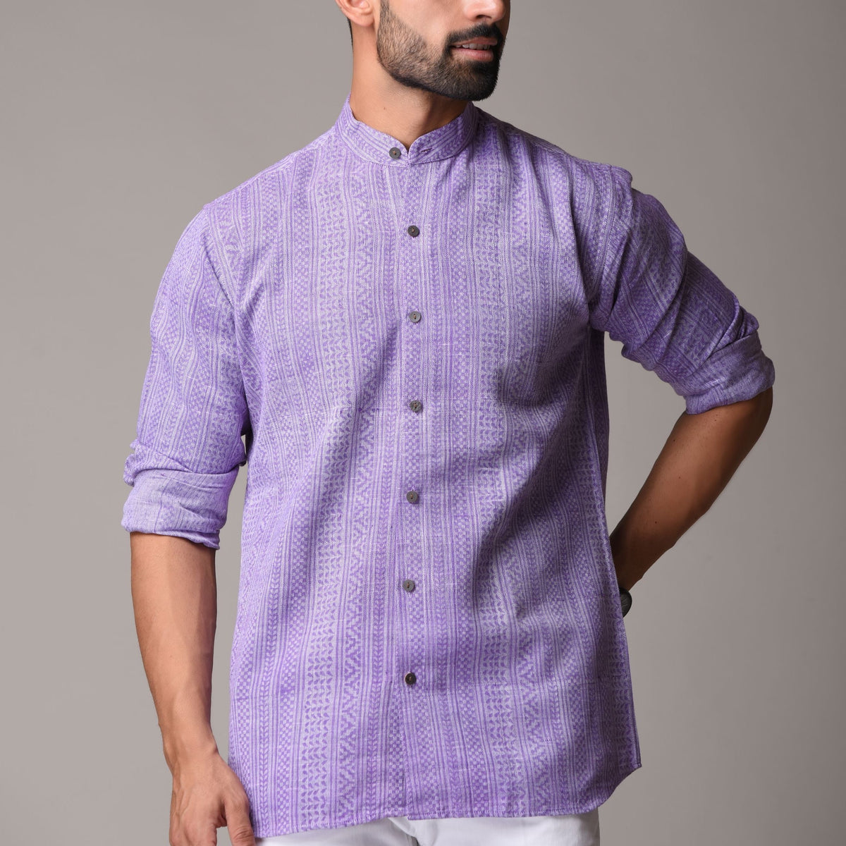 Purple Cotton Handblock Printed Shirt - Single Print