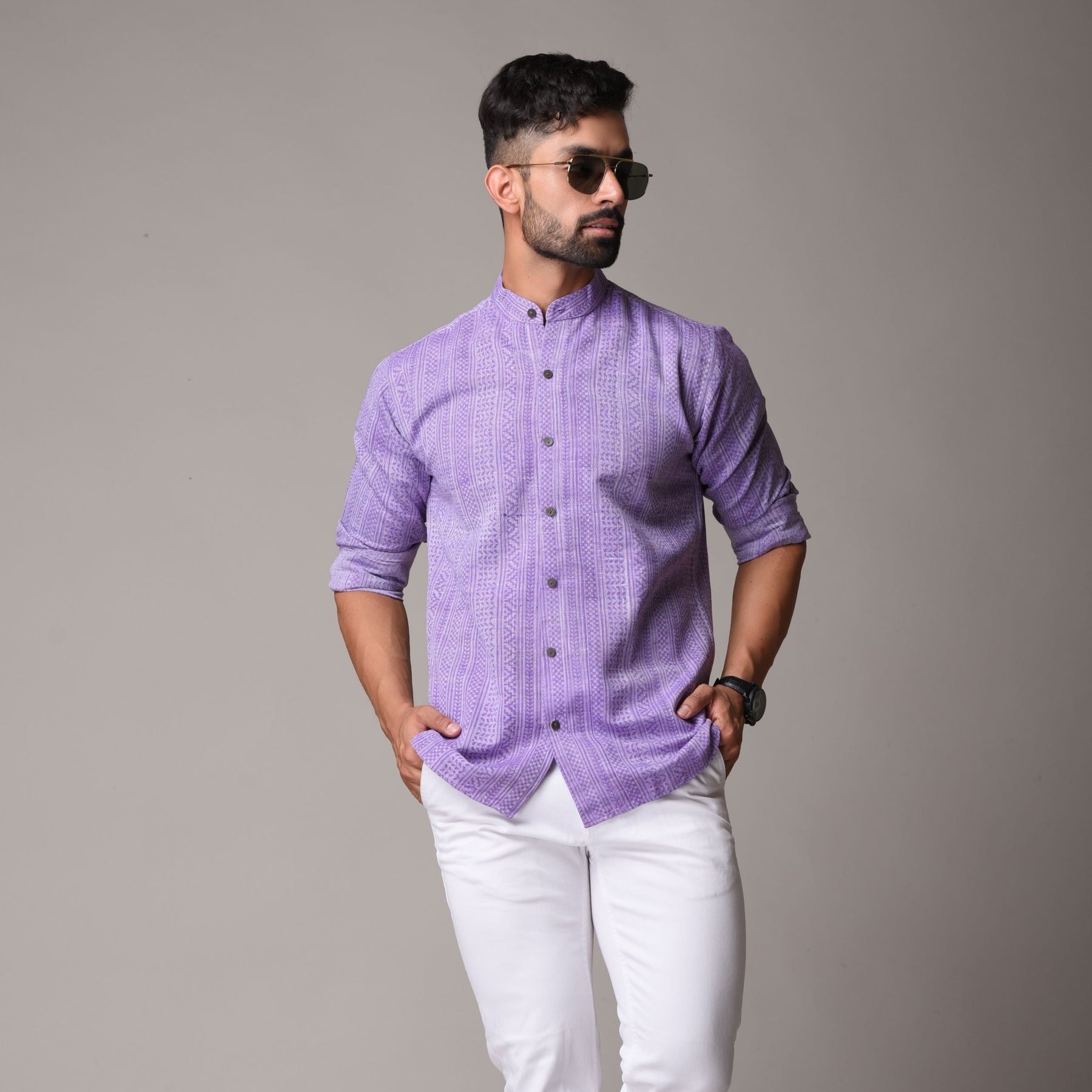 Purple Cotton Handblock Printed Shirt - Single Print