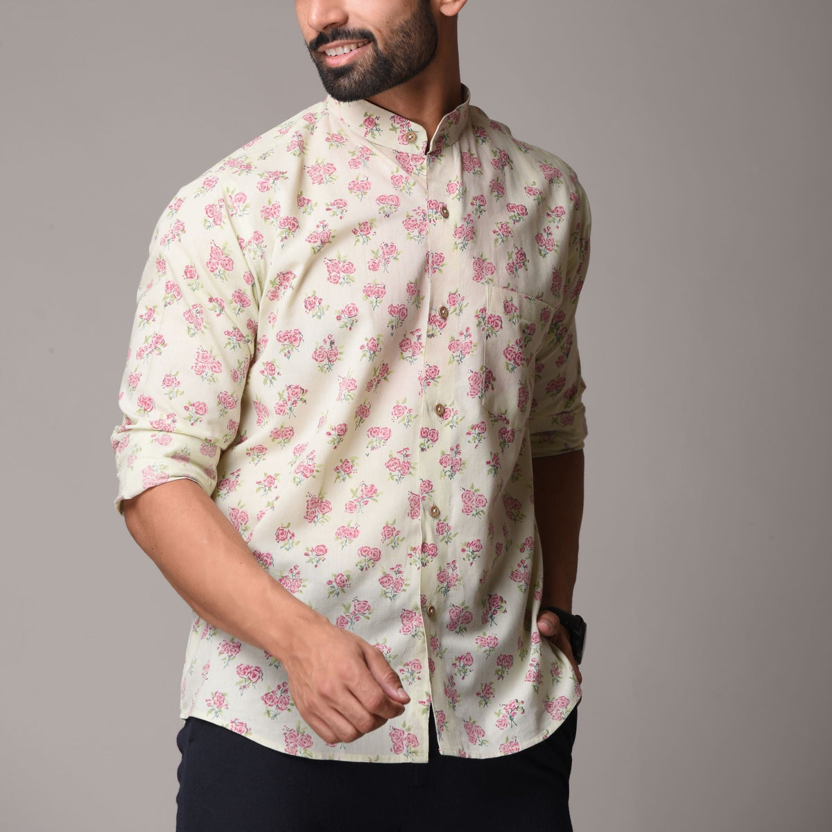 Multicolour Cotton Handblock Printed Shirt - Rose Print