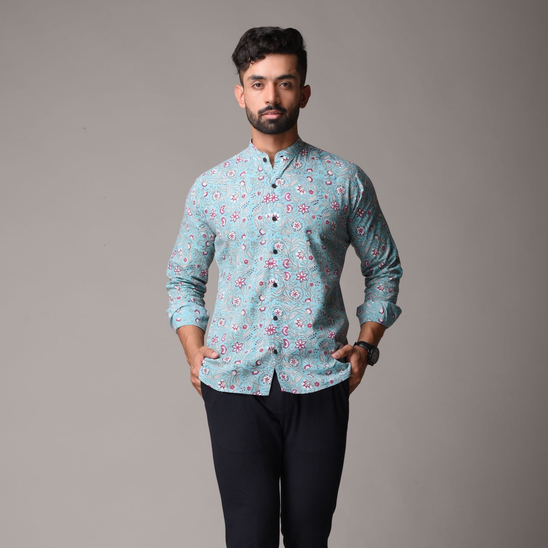 Multicolour Cotton Handblock Printed Shirt - Floral Jaal Print