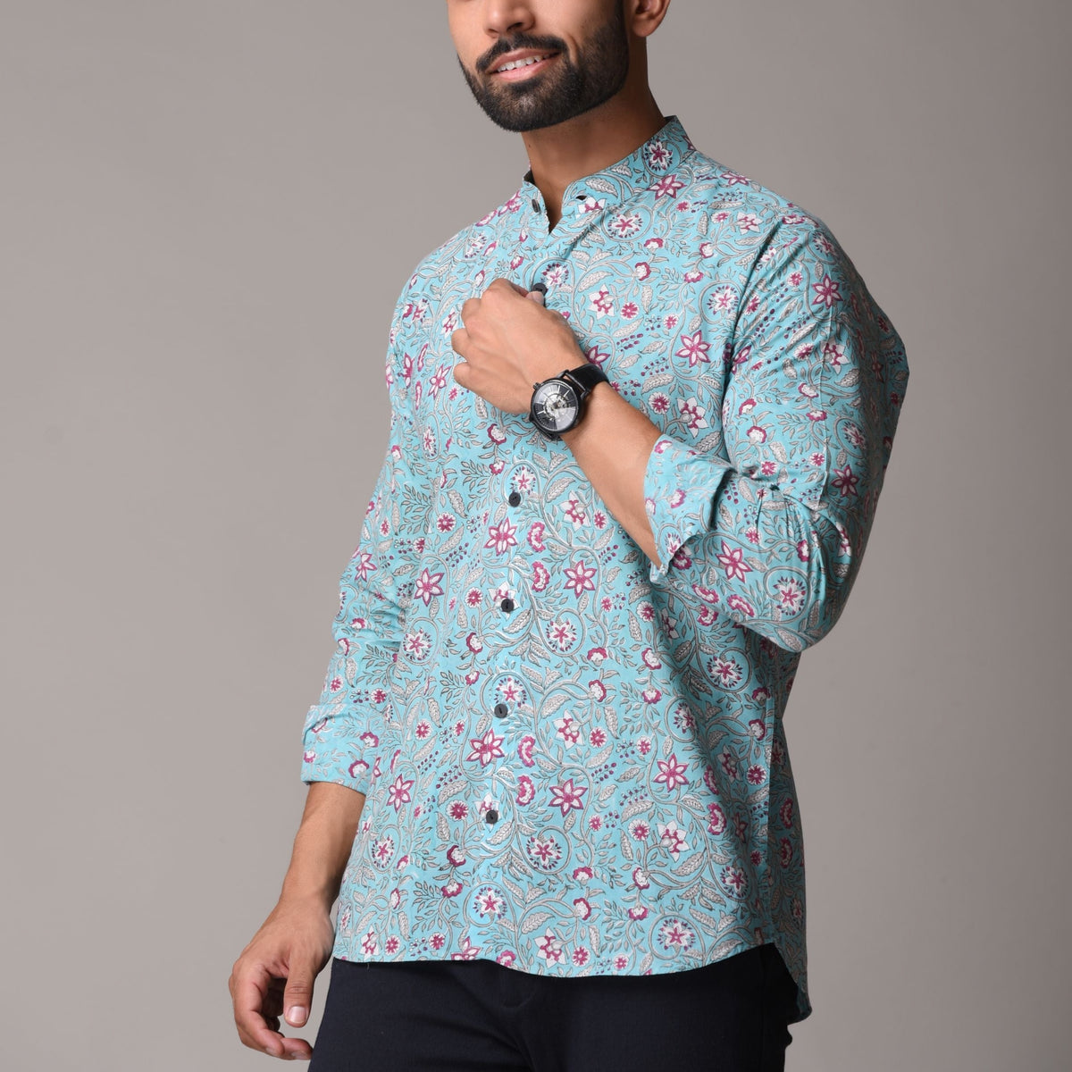 Multicolour Cotton Handblock Printed Shirt - Floral Jaal Print