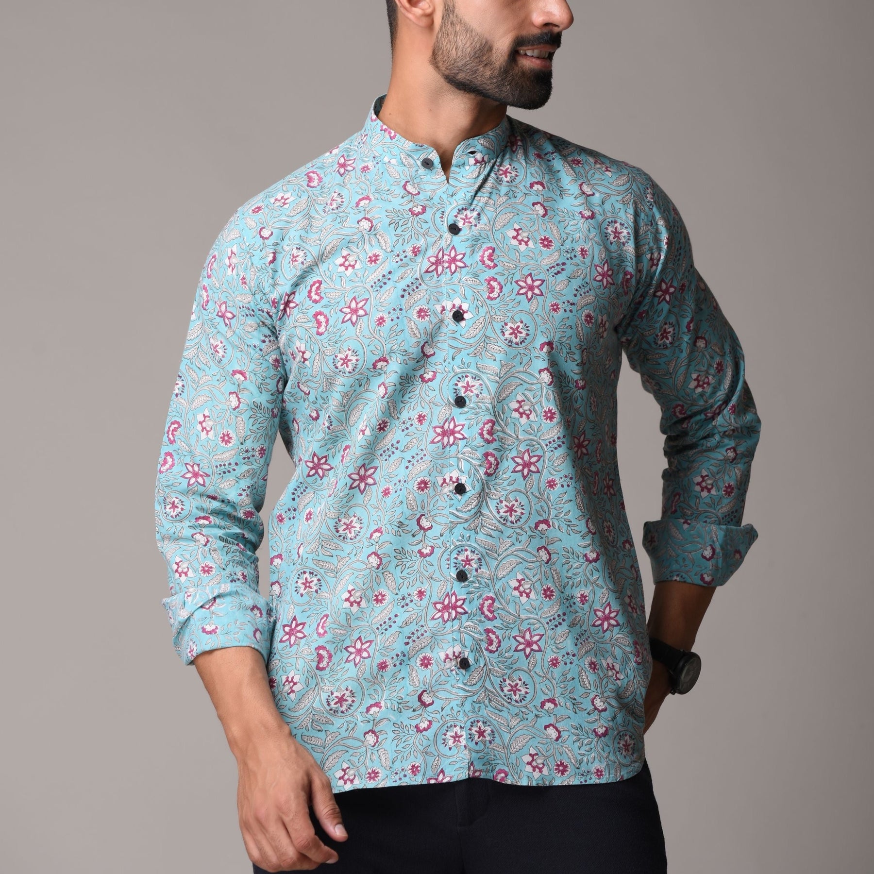 Multicolour Cotton Handblock Printed Shirt - Floral Jaal Print