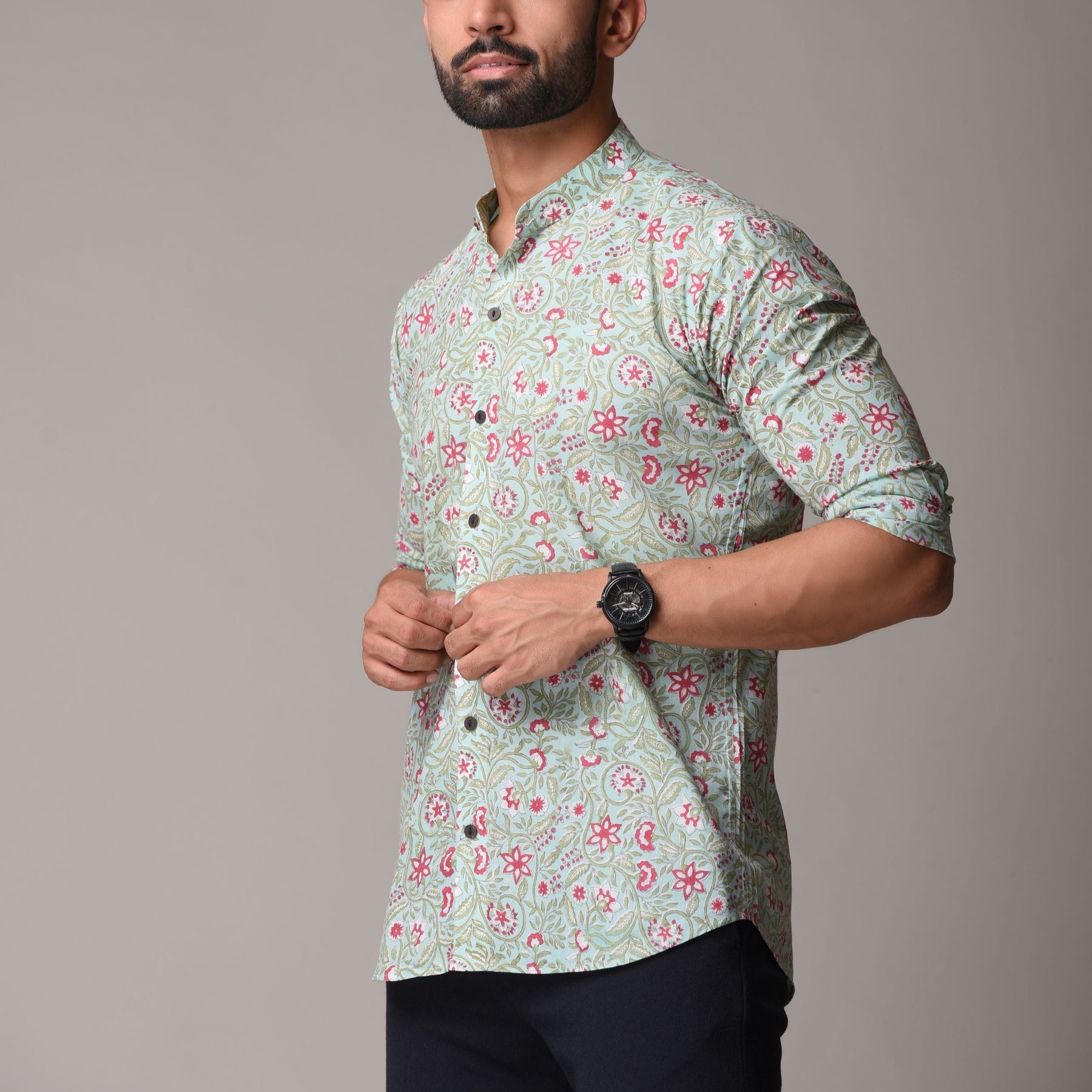 Multicolour Cotton Handblock Printed Shirt - Floral Jaal Print