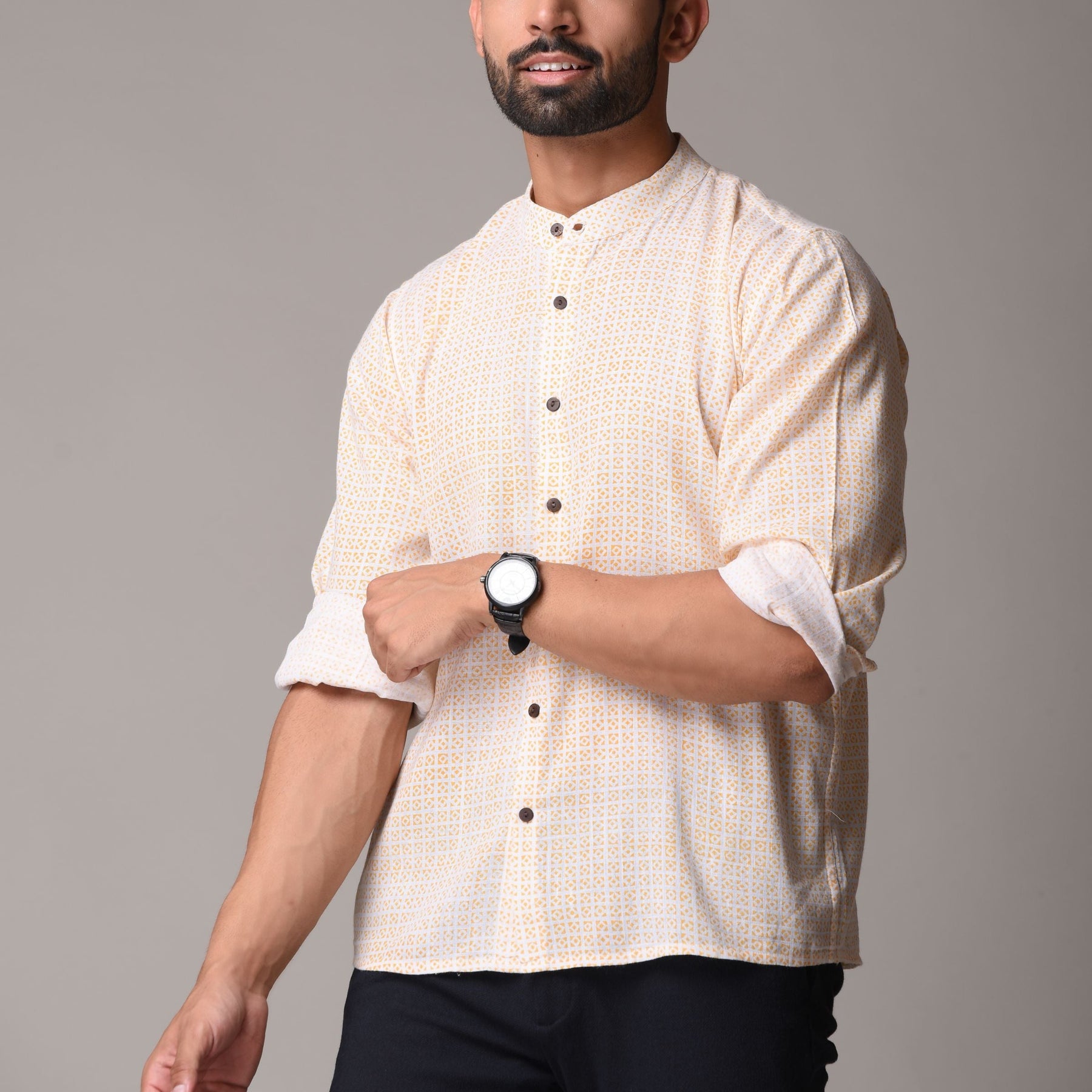 Yellow Cotton Handblock Printed Shirt - Single Print