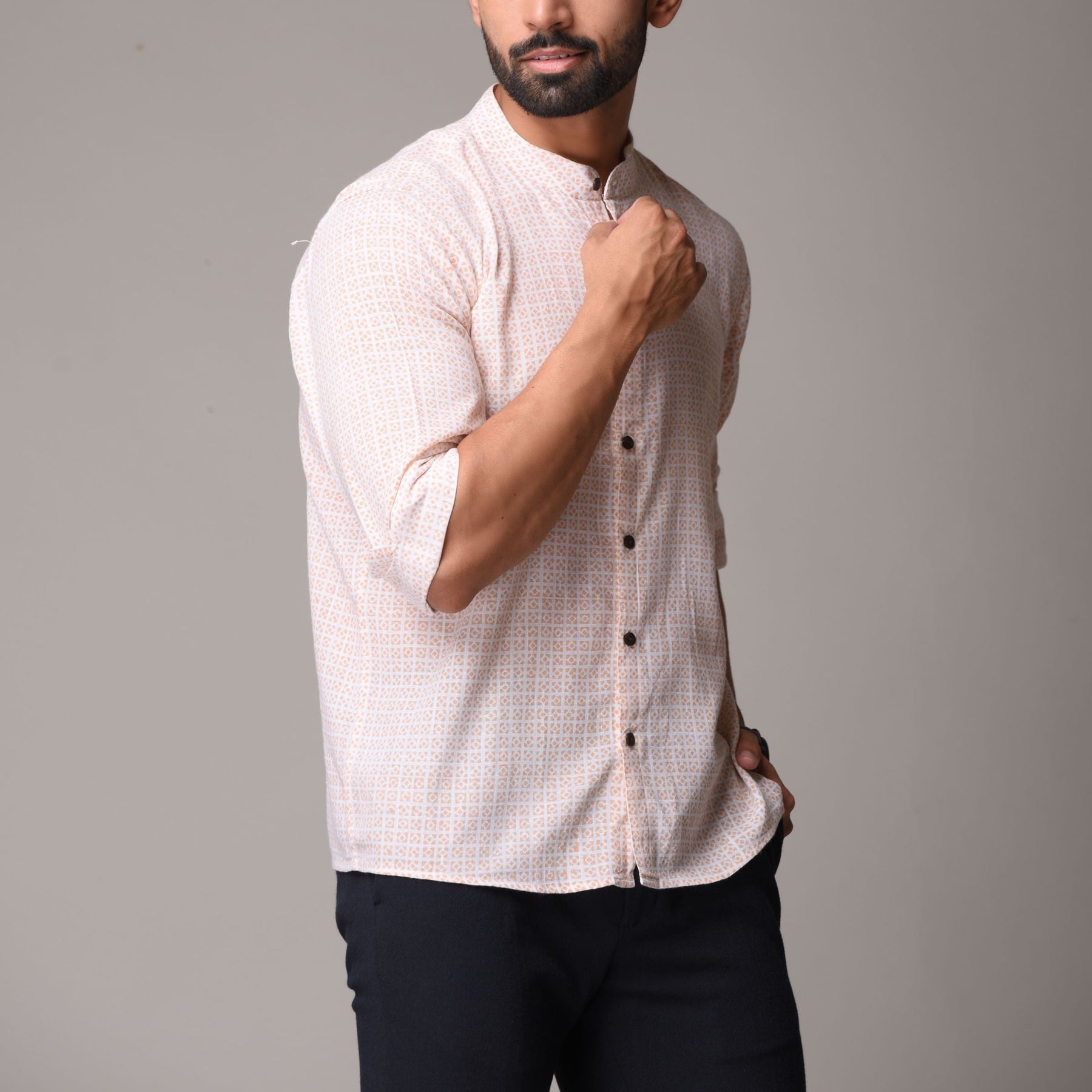 Beige Cotton Handblock Printed Shirt - Single Print