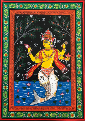 Pattachitra Painting - Matsya Avatar, Handpainted Original Artwork, Indian Traditional Art, Vishnu - Home Decor