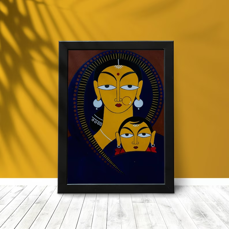 Mother and Child - Jamini Roy inspired artwork, Handpainted Artwork, Indian Traditional Art - Home Decor