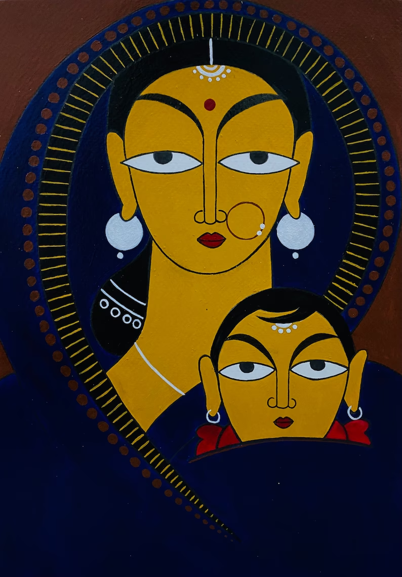 Mother and Child - Jamini Roy inspired artwork, Handpainted Artwork, Indian Traditional Art - Home Decor