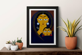 Mother and Child - Jamini Roy inspired artwork, Handpainted Artwork, Indian Traditional Art - Home Decor